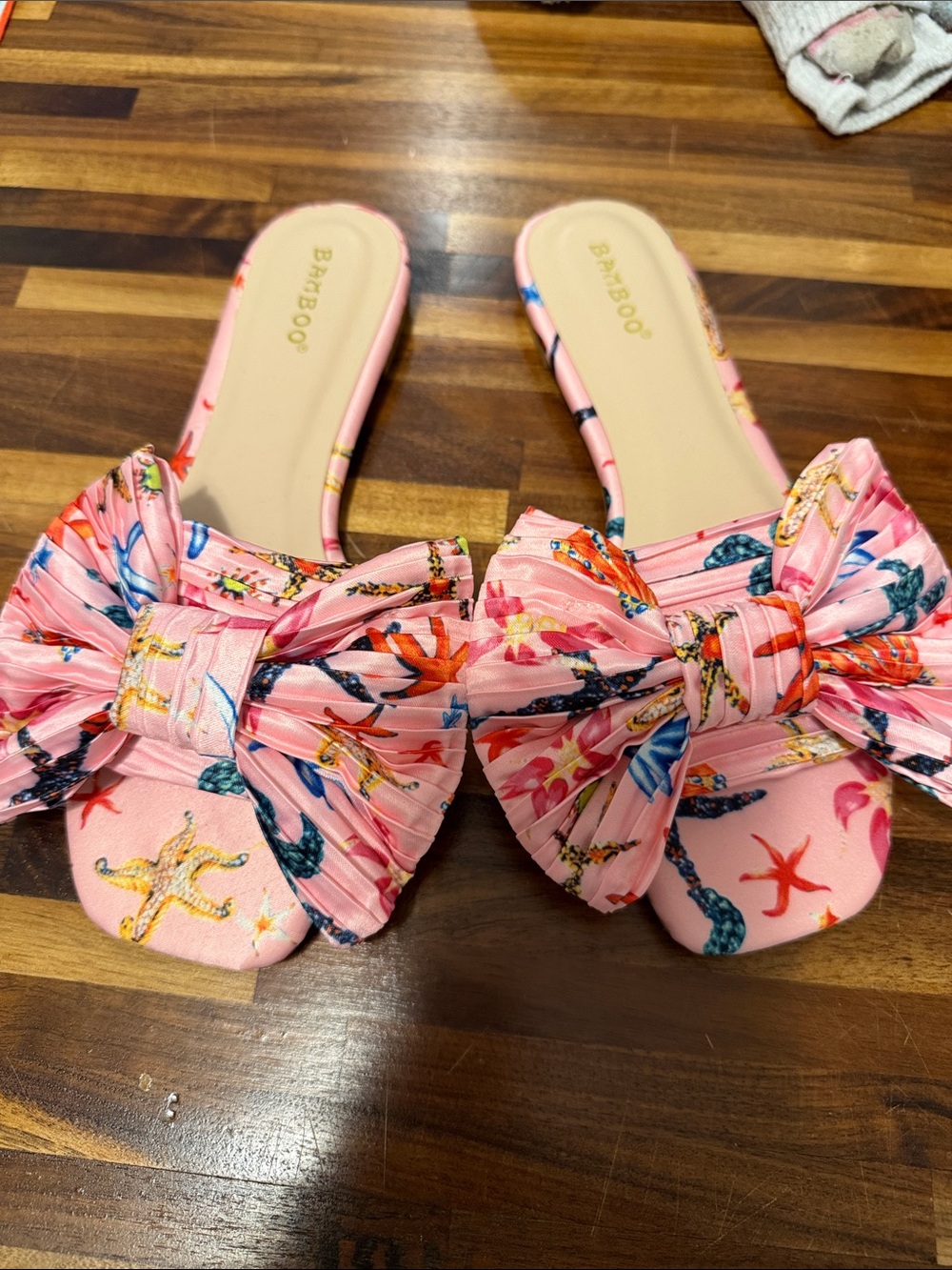 BAMBOO Pink Tropical Bow Slide Mules